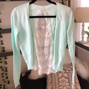 mint delia’s sweater with lace back